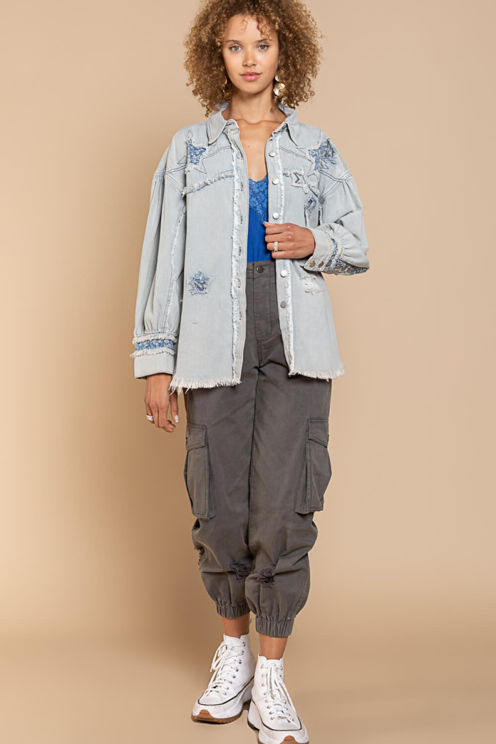 POL Star Patch Distressed Fringe Button-Up Denim Jacket in Light Denim