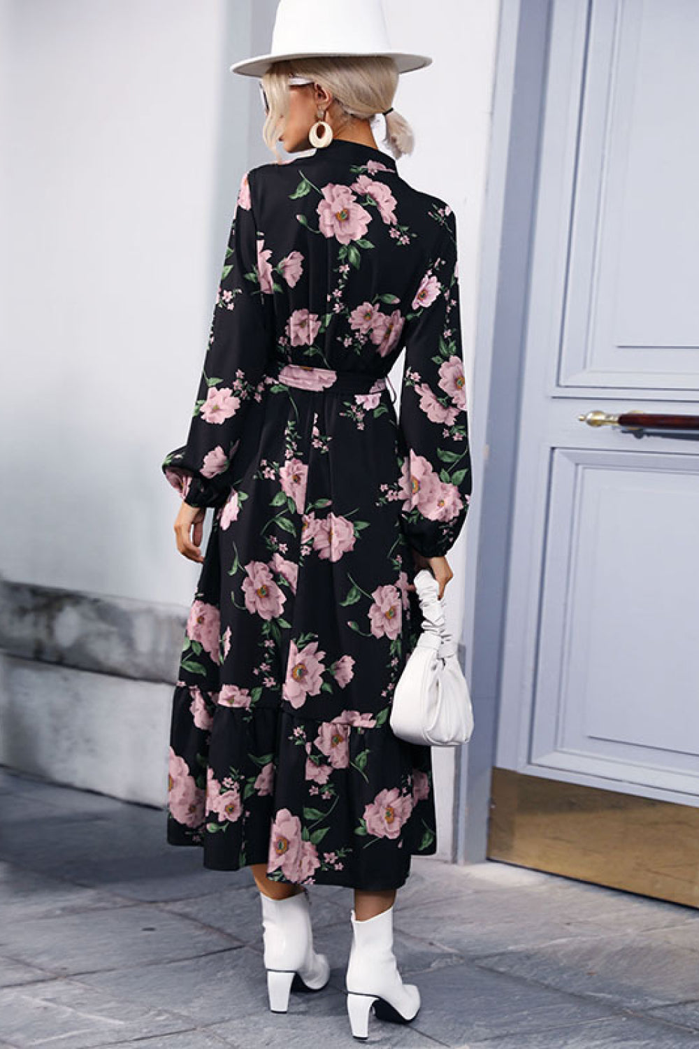 Floral Balloon Sleeve Midi Dress