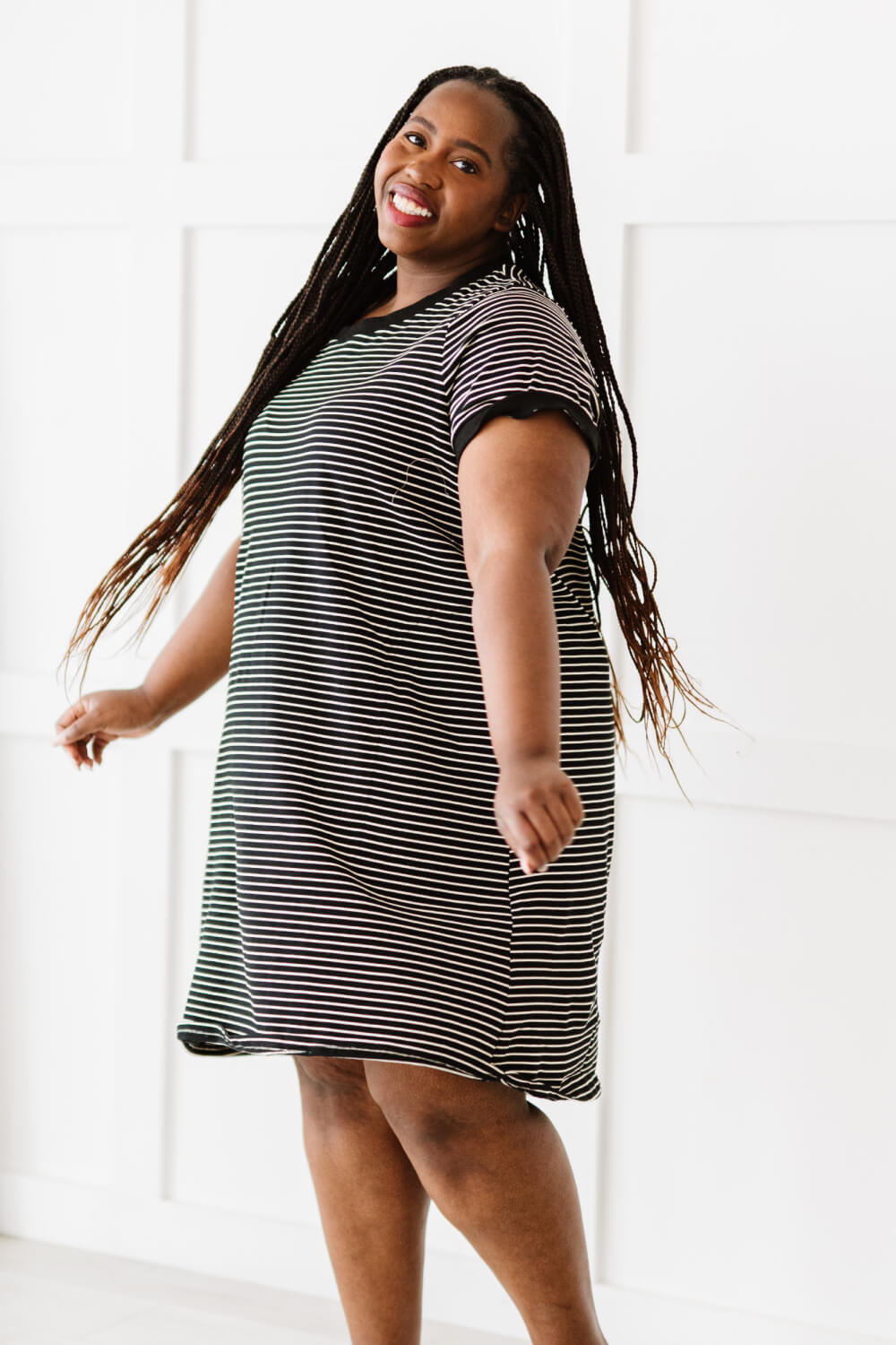 Cotton Bleu Simplicity is Best Full Size Striped T-Shirt Dress in Black