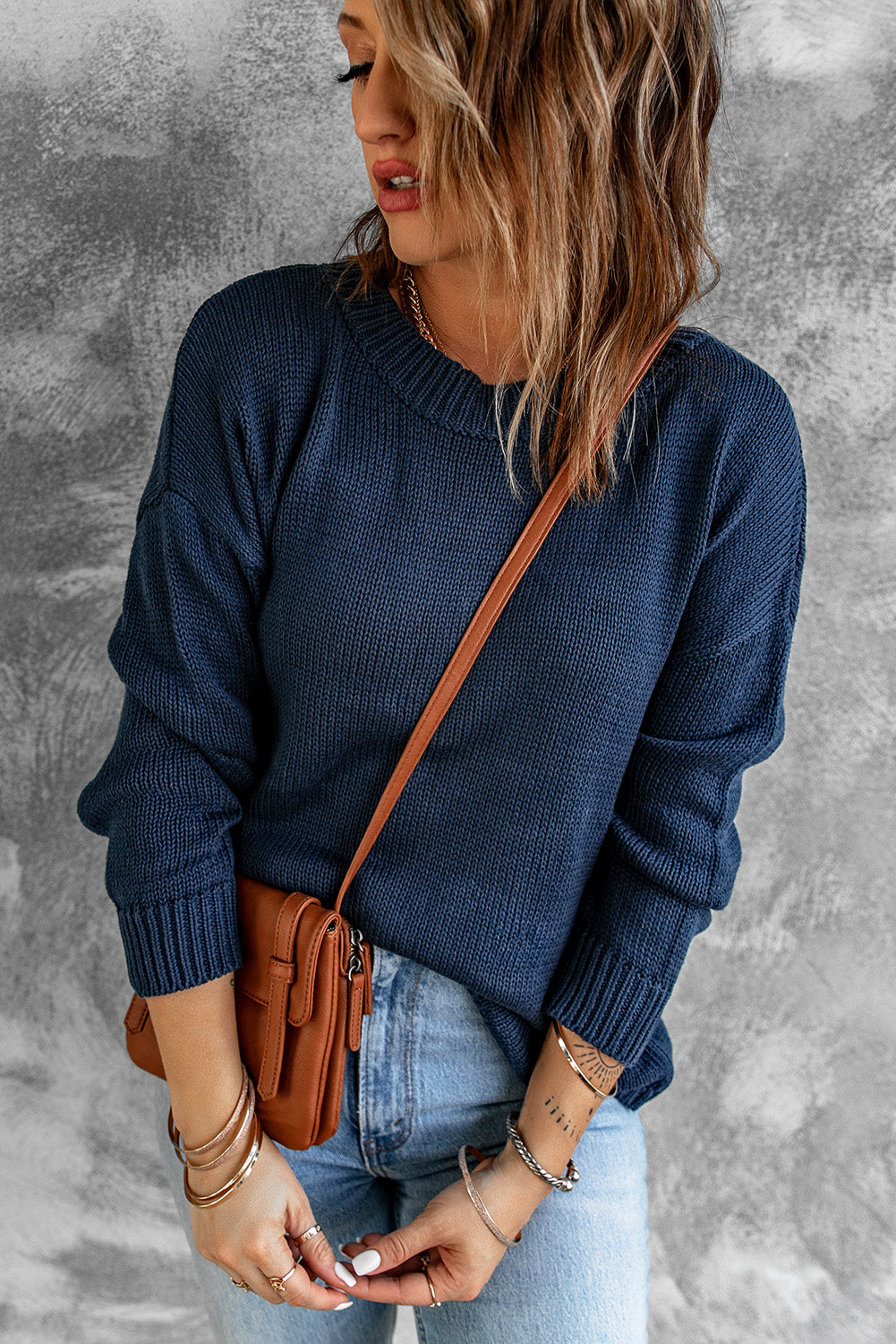 Dropped Shoulder Round Neck Ribbed Trim Sweater