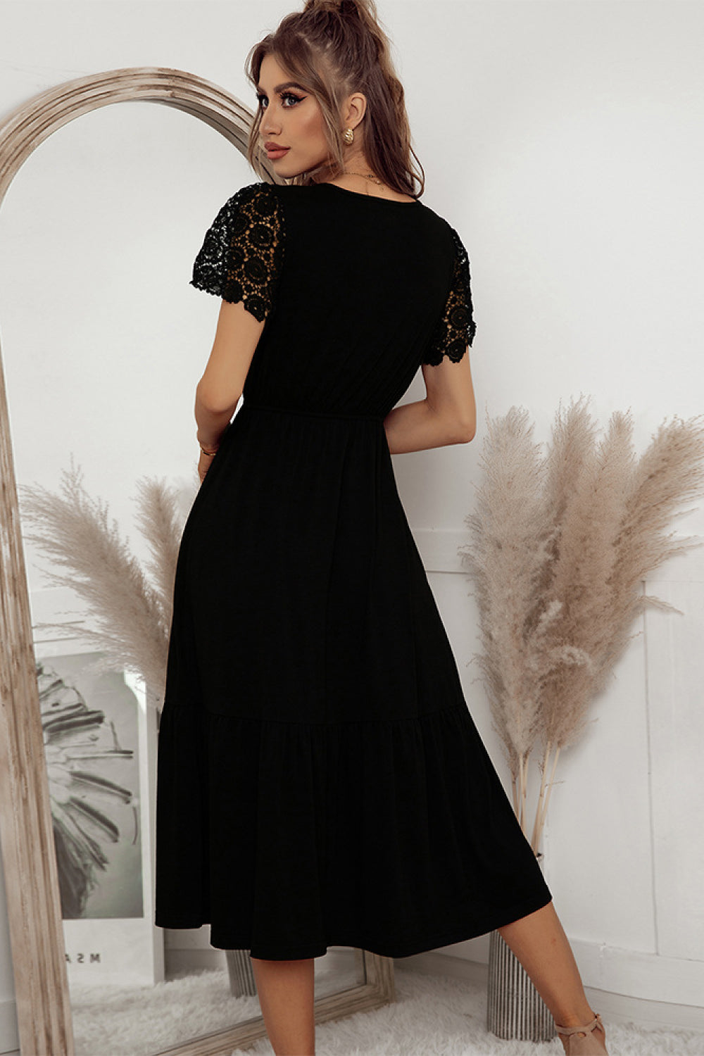 Lace Sleeve Tiered Midi Dress with Button Detail