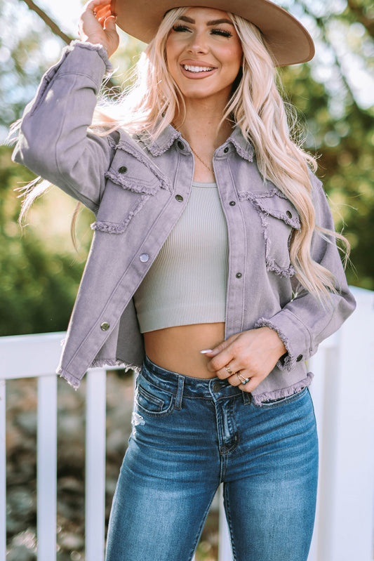 Frayed Trim Snap Down Denim Jacket