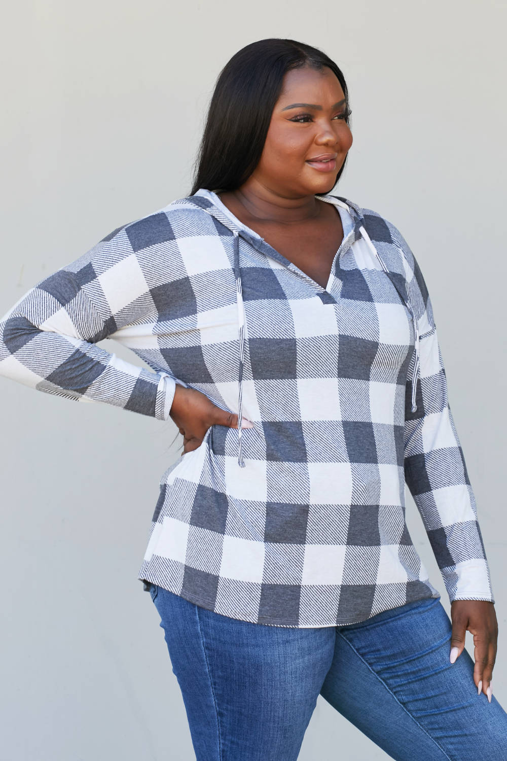 Sew In Love Full Size Plaid Drawstring Hoodie