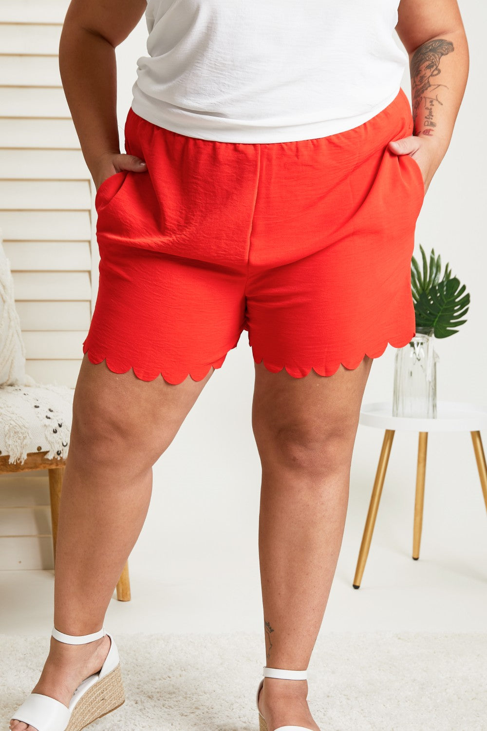 Cotton Bleu Ups and Downs Full Size Scalloped Airflow Shorts in Hot Coral