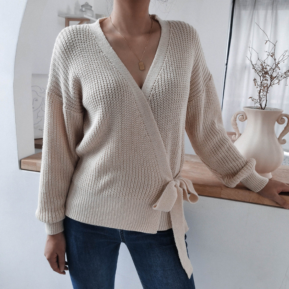 Rib-Knit Lantern Sleeve Wrap Sweater