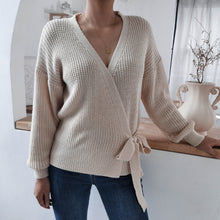 Load image into Gallery viewer, Rib-Knit Lantern Sleeve Wrap Sweater
