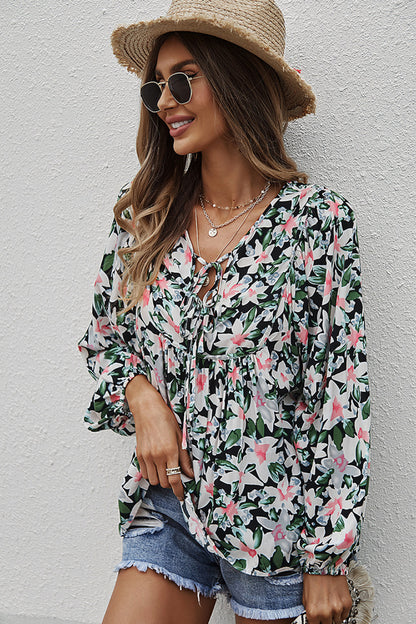 Floral Tie Neck Babydoll Blouse