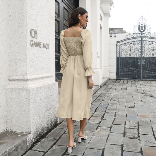 Smocked Square Neck Midi Dress