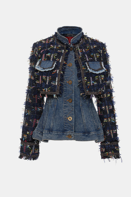 GAWQO Fringe Detail Cropped Jacket and Denim Vest Set