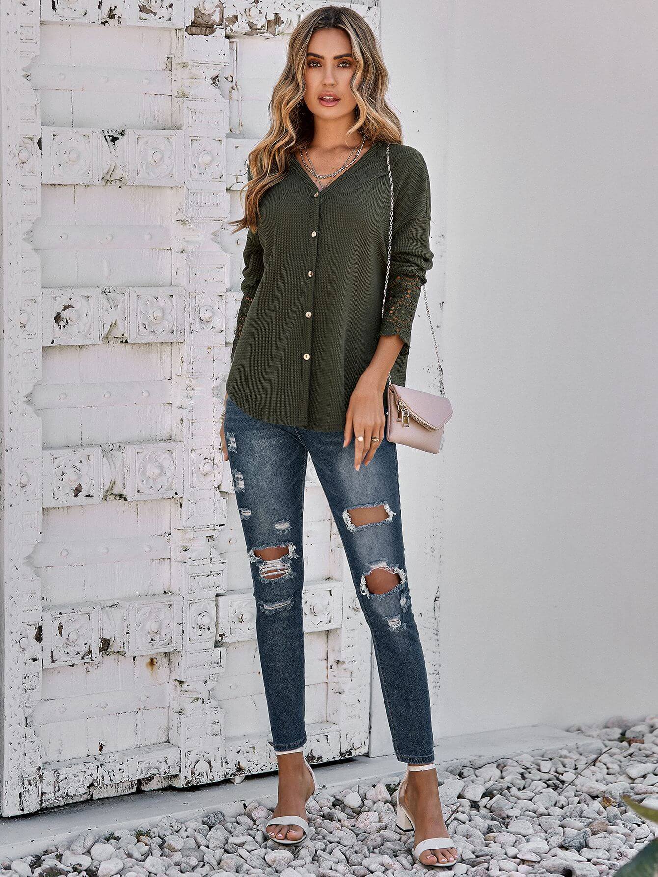 Spliced Lace Long Sleeve Waffle-Knit Top