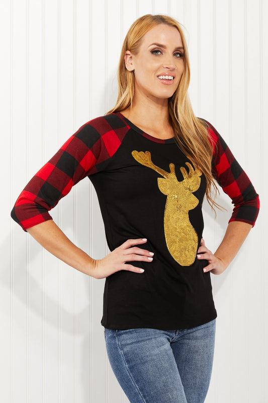 Acting Pro Oh Deer Full Size Sequin Plaid Sleeves Top