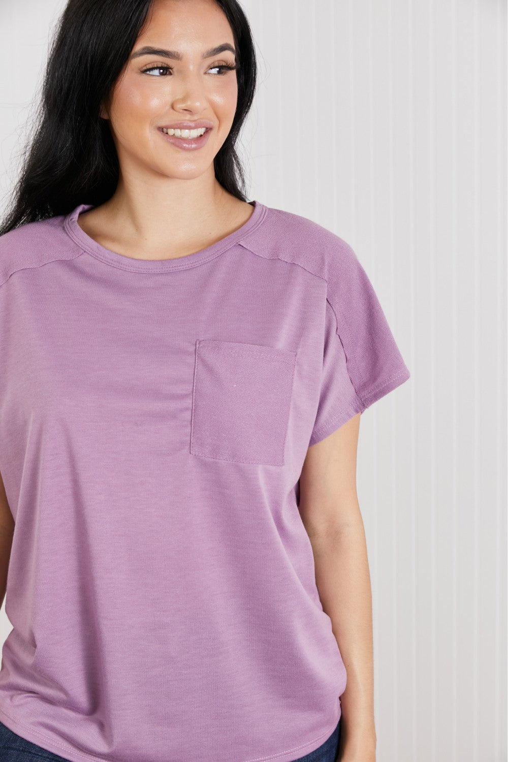 Sew In Love Stay and Chat Love Full Size Pocket Tee in Plum