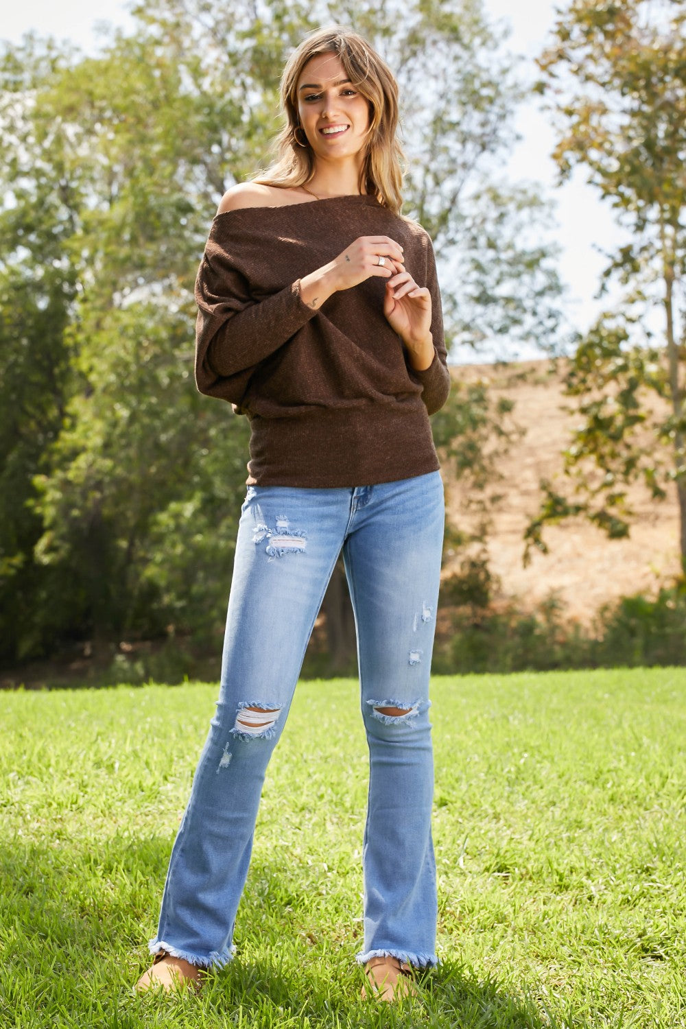 Emerald Collection Making a Move Full Size Ribbed Off-Shoulder Sweater