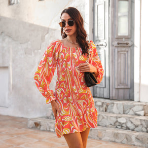 Abstract Print Ruffled Hem Smocked Mini Dress