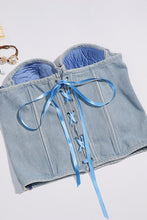 Load image into Gallery viewer, Strapless Lace Up Denim Rhinestone Fishnet Bustier
