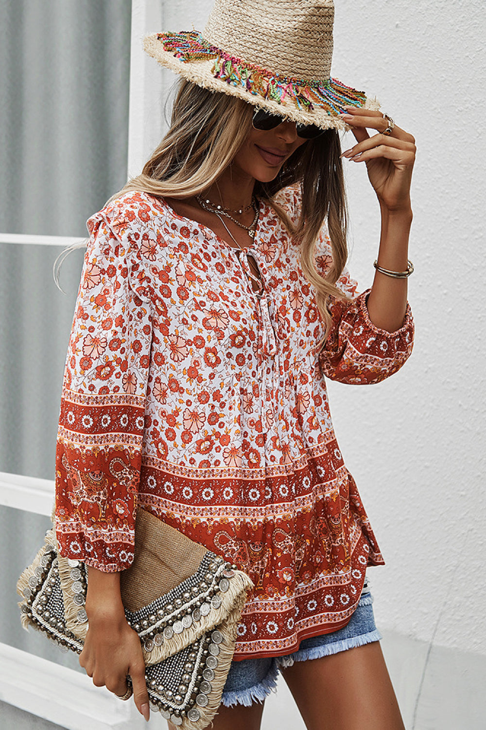 Floral Contrast Print Tie Neck Blouse