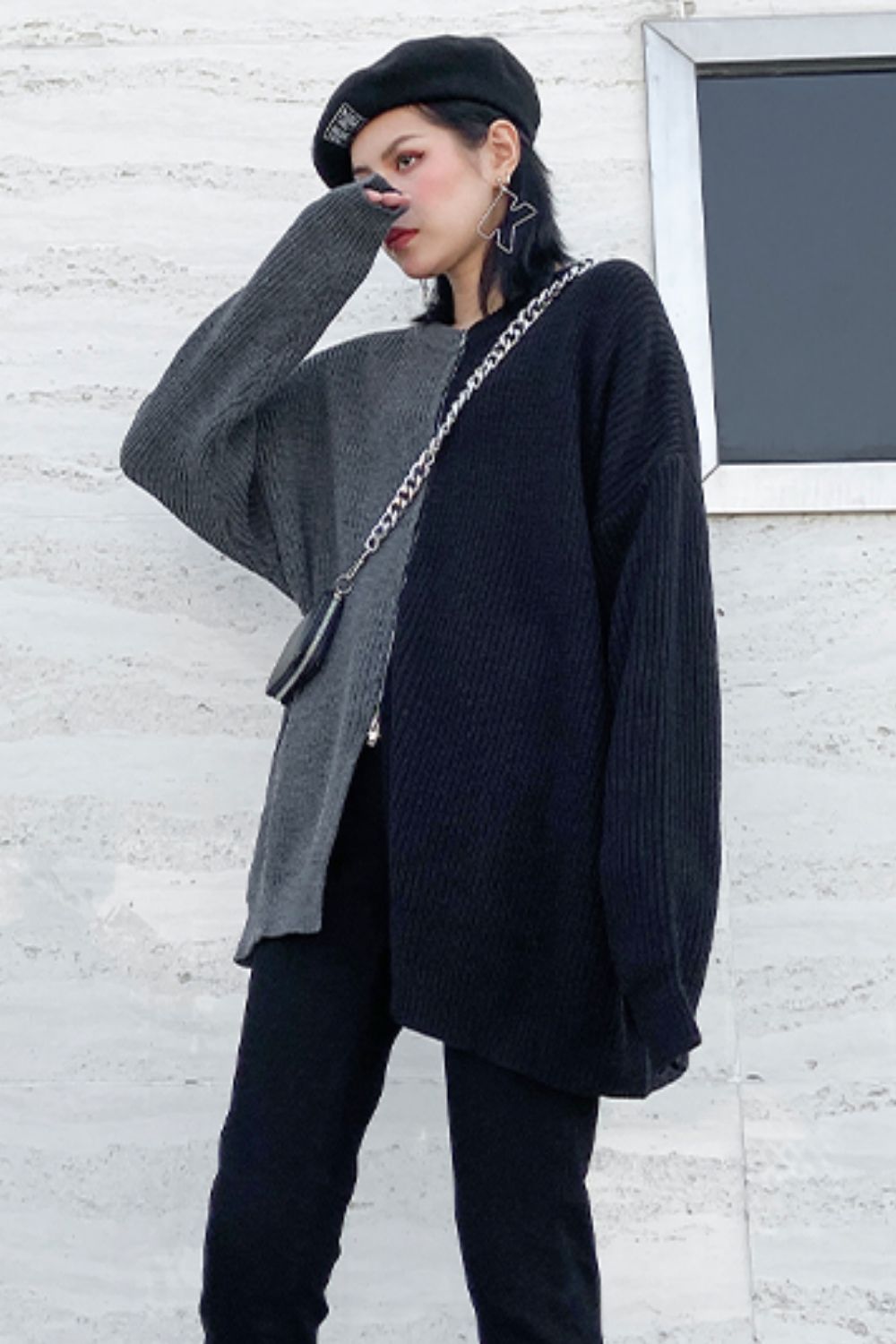 Two-Tone Round Neck Slit Rib-Knit Sweater