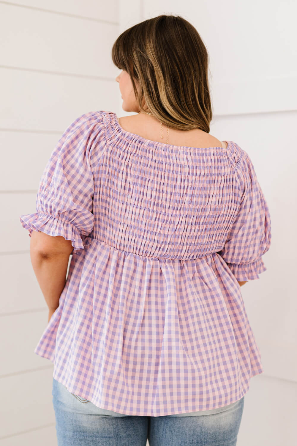 Davi & Dani Youthful Days Full Size Run Gingham Smocked Babydoll Top