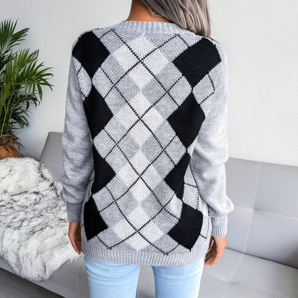 Argyle V-Neck Long Sleeve Sweater