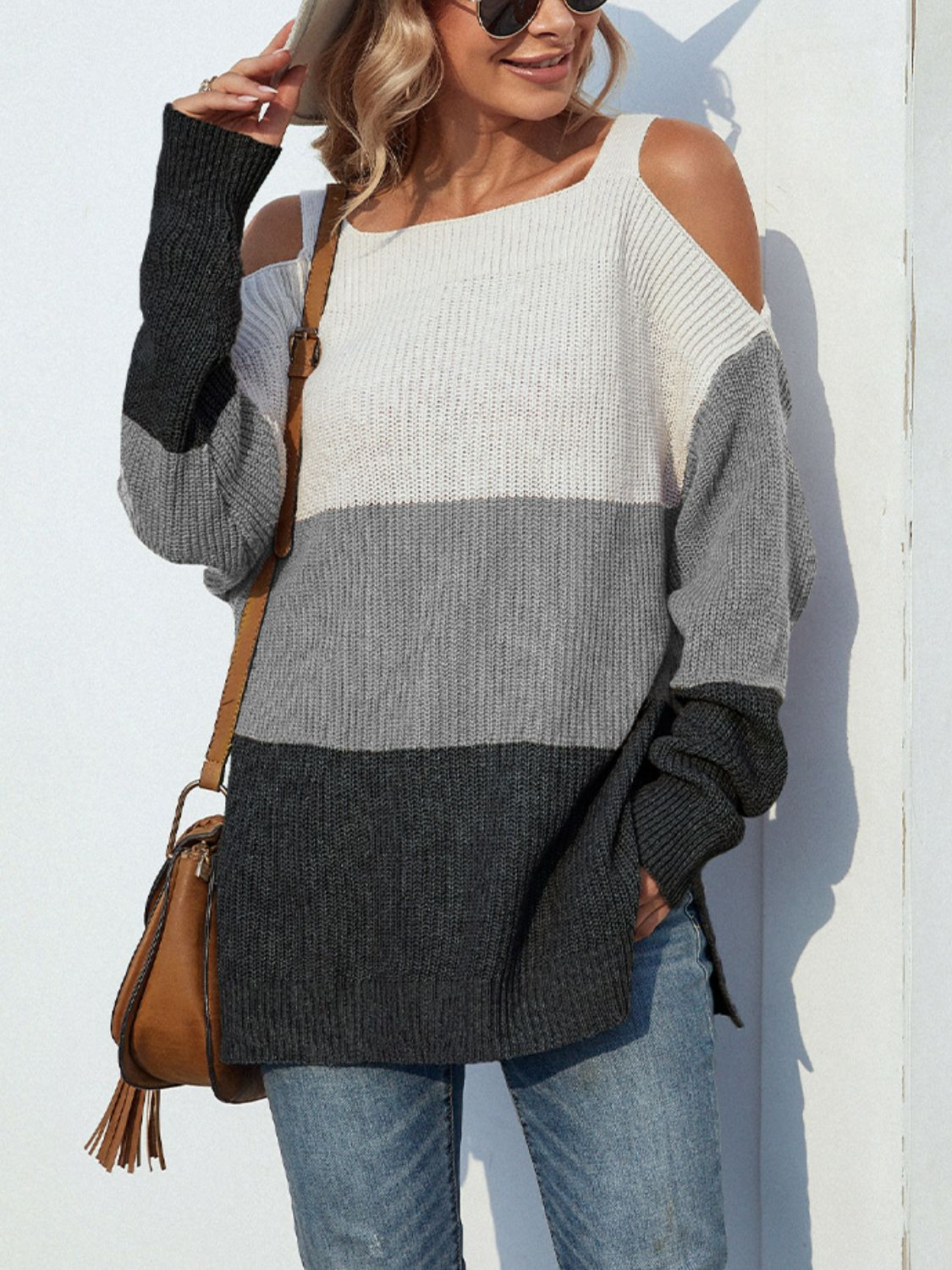 Color Block Rib-Knit Cold-Shoulder Slit Sweater