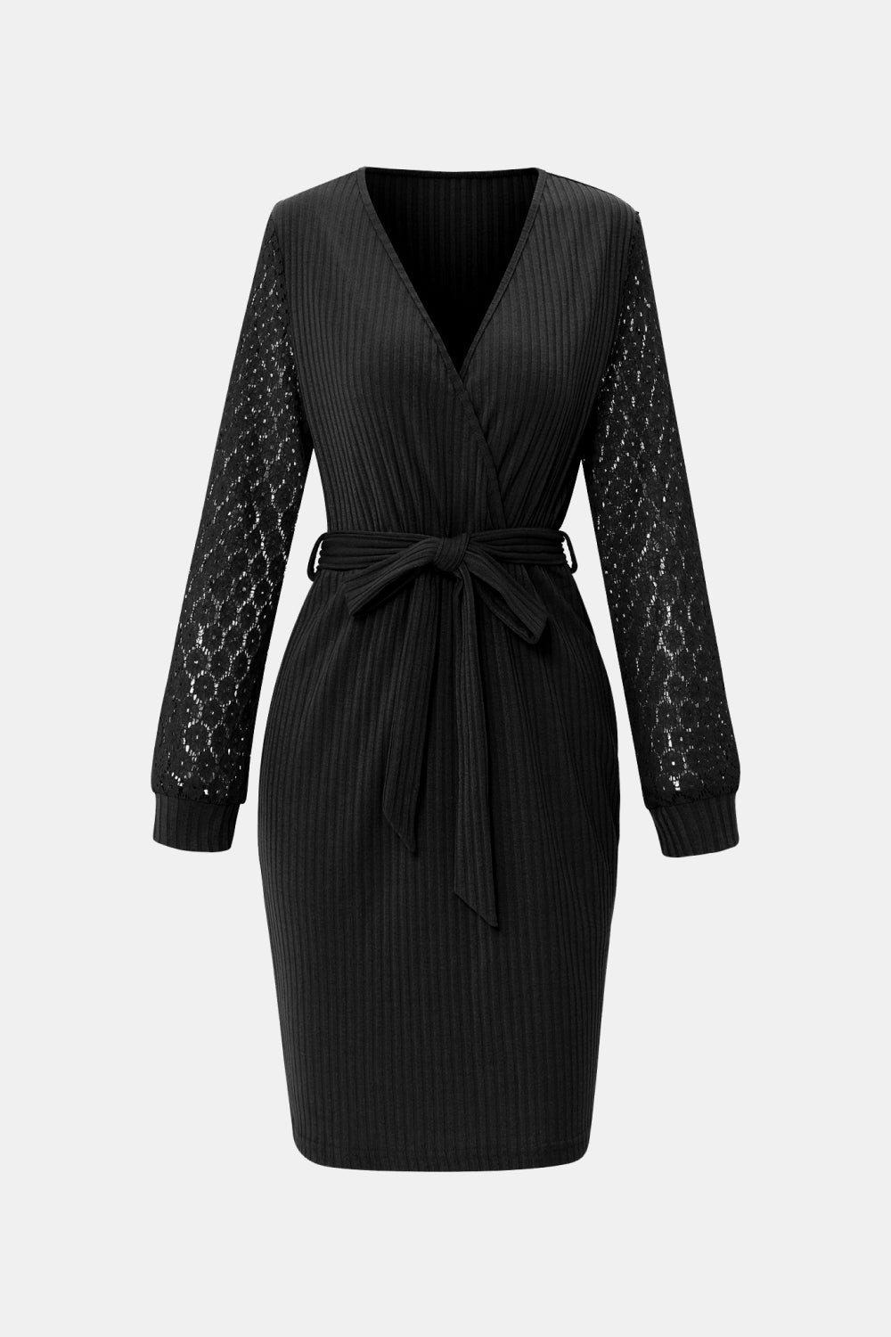 Belted Lace Sleeve Ribbed Surplice Dress