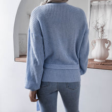 Load image into Gallery viewer, Rib-Knit Lantern Sleeve Wrap Sweater
