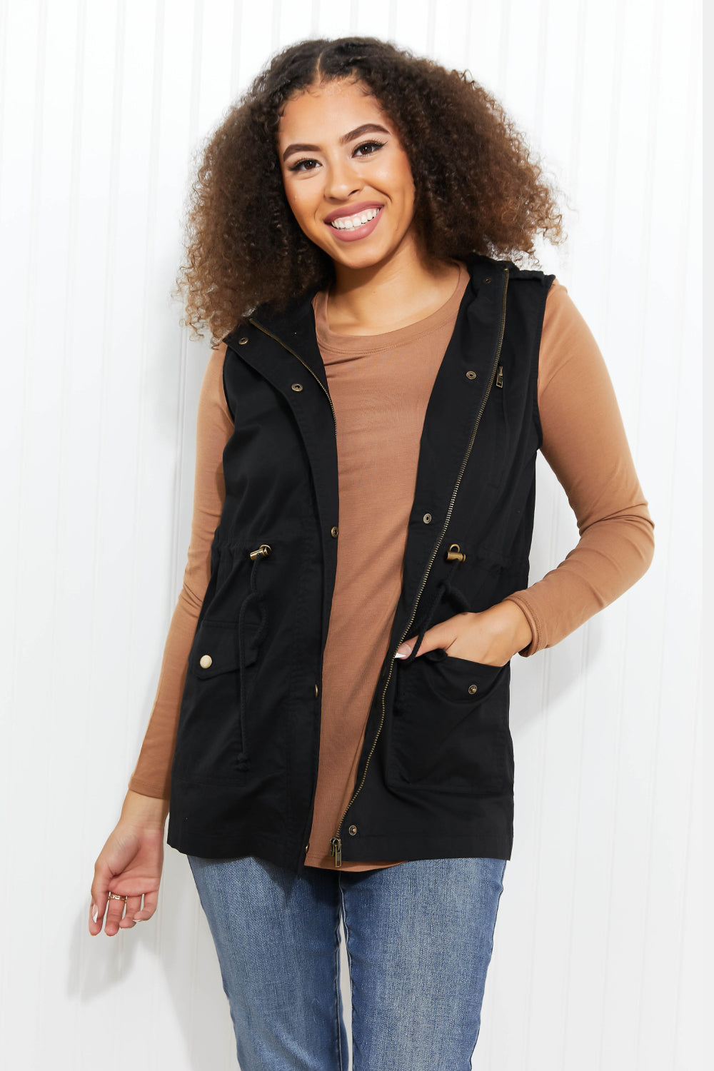 Zenana Autumn Vibes Full Size Hooded Vest in Black