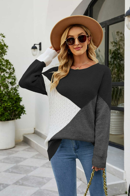 Color Block Rib-Knit Round Neck Sweater