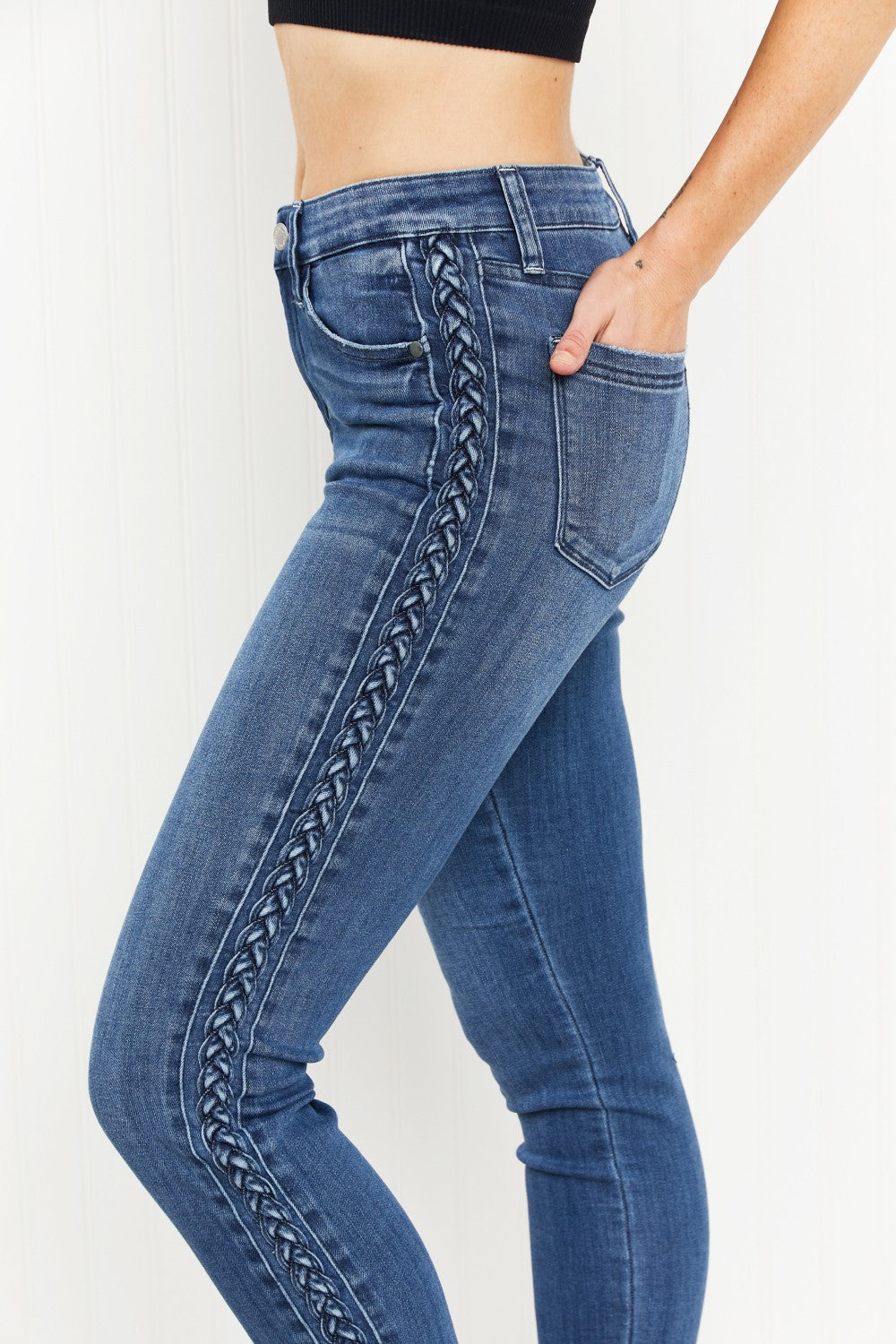 Judy Blue Stevie Full Size Mid-Rise Braided Detail Relaxed Jeans