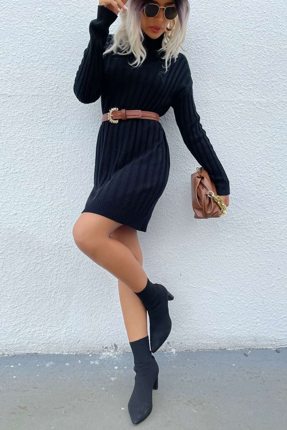 Turtleneck Rib-Knit Sweater Dress