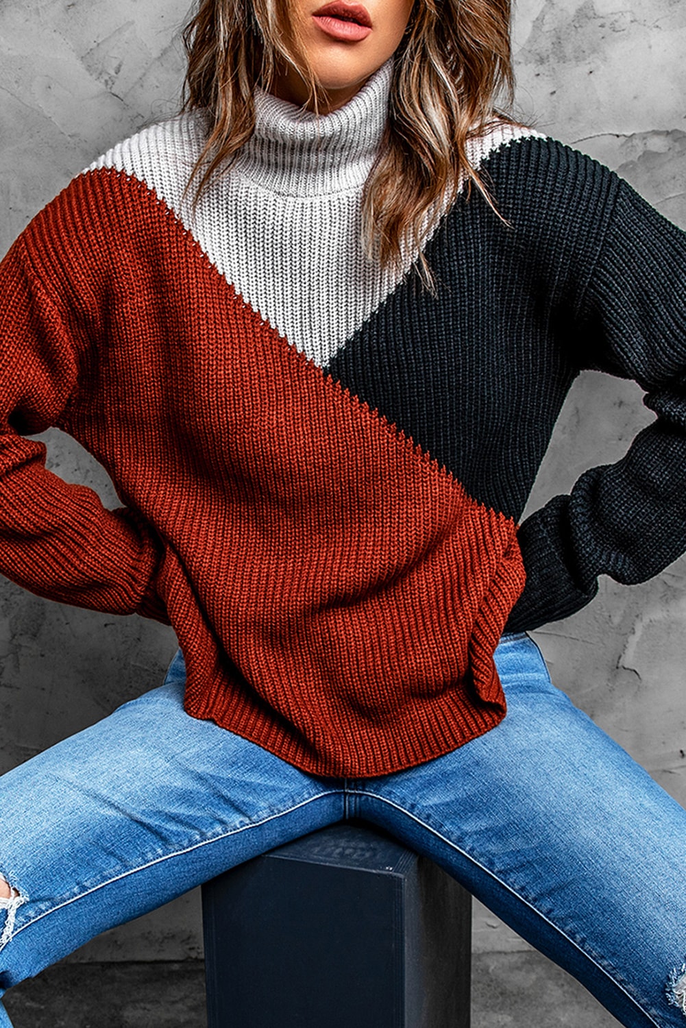 Tricolor Color Block Turtleneck Sweater