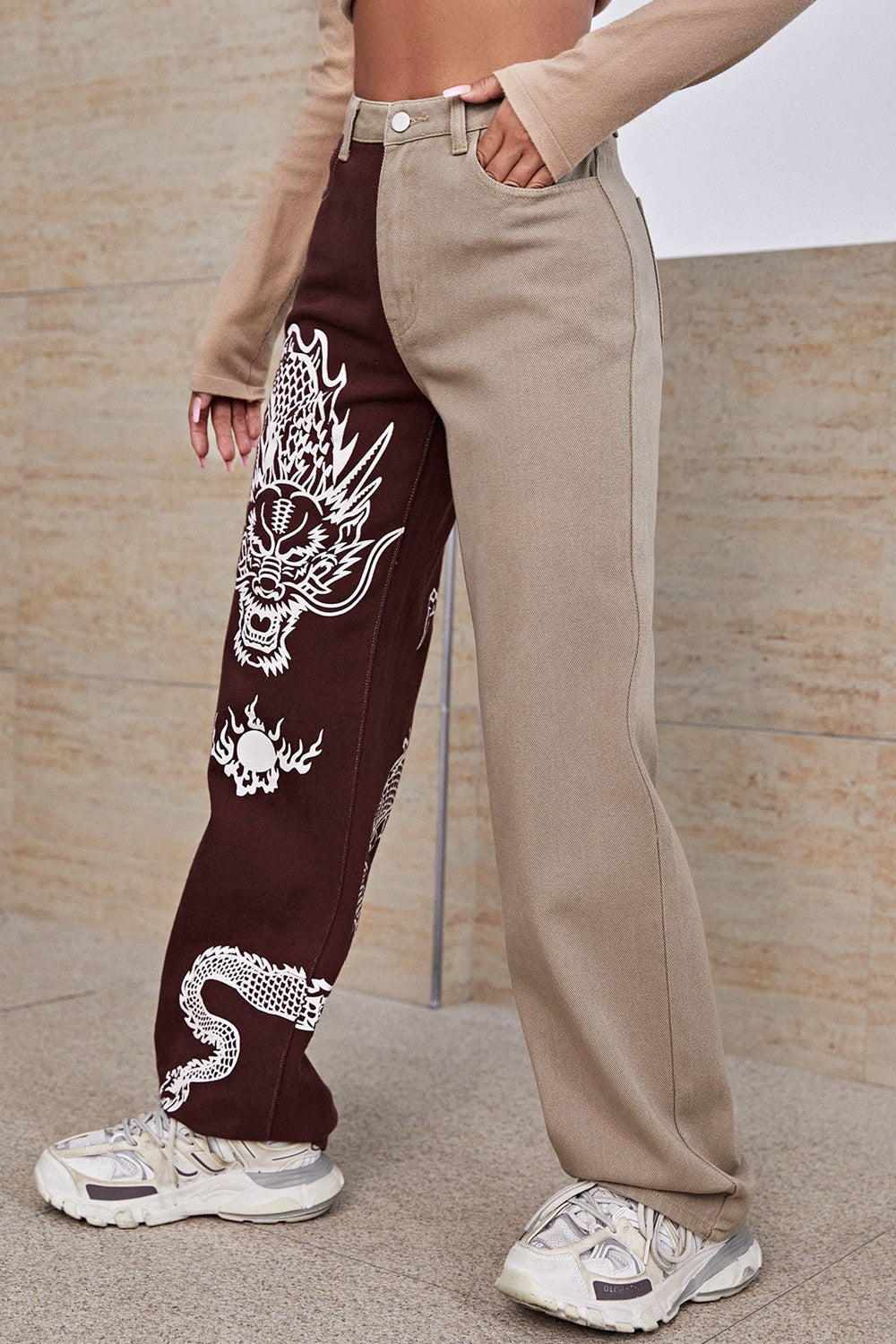 Dragon Graphic Color Block Straight Leg Pants