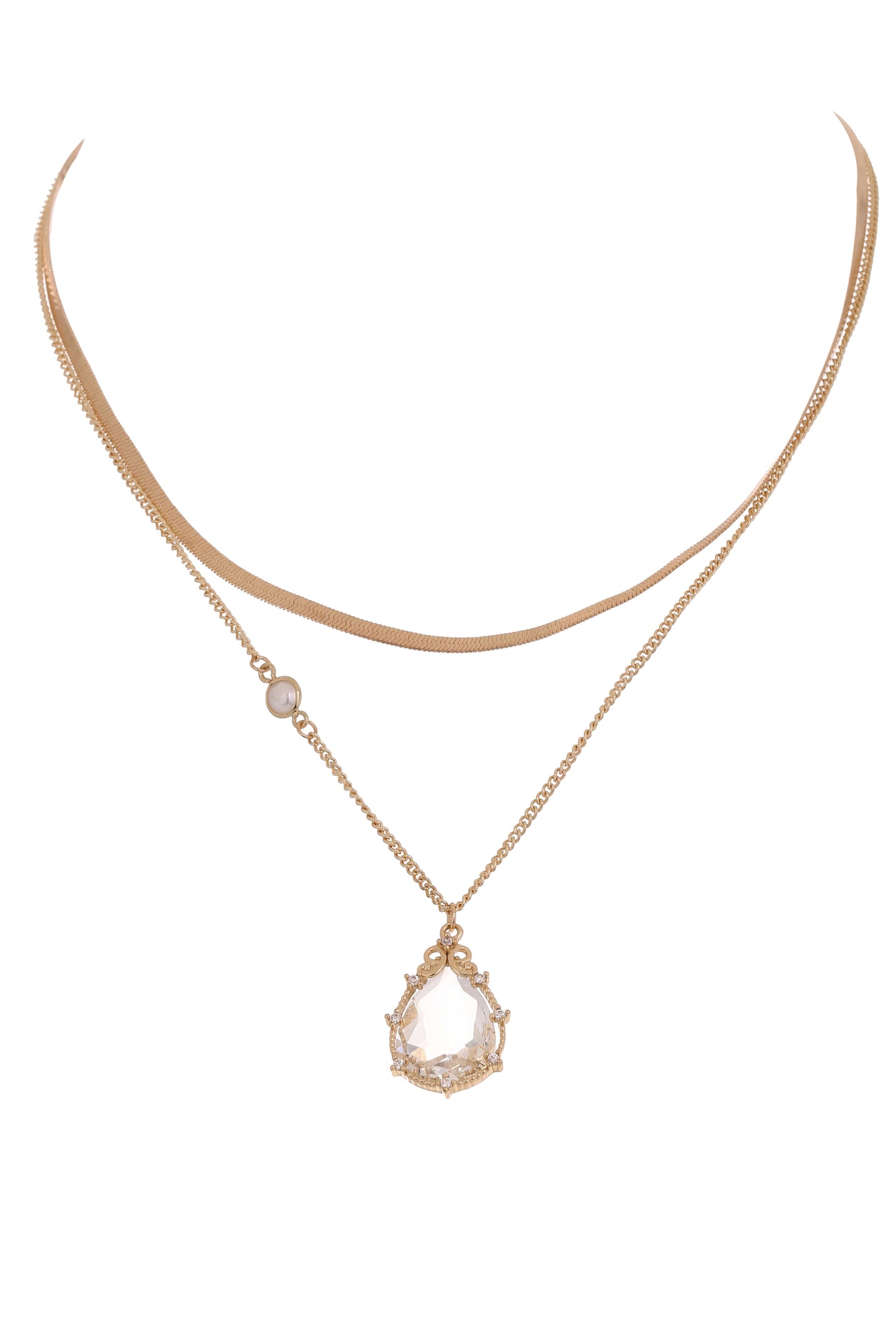 Crystal Pendant and Snake Chain Double-Layered Necklace