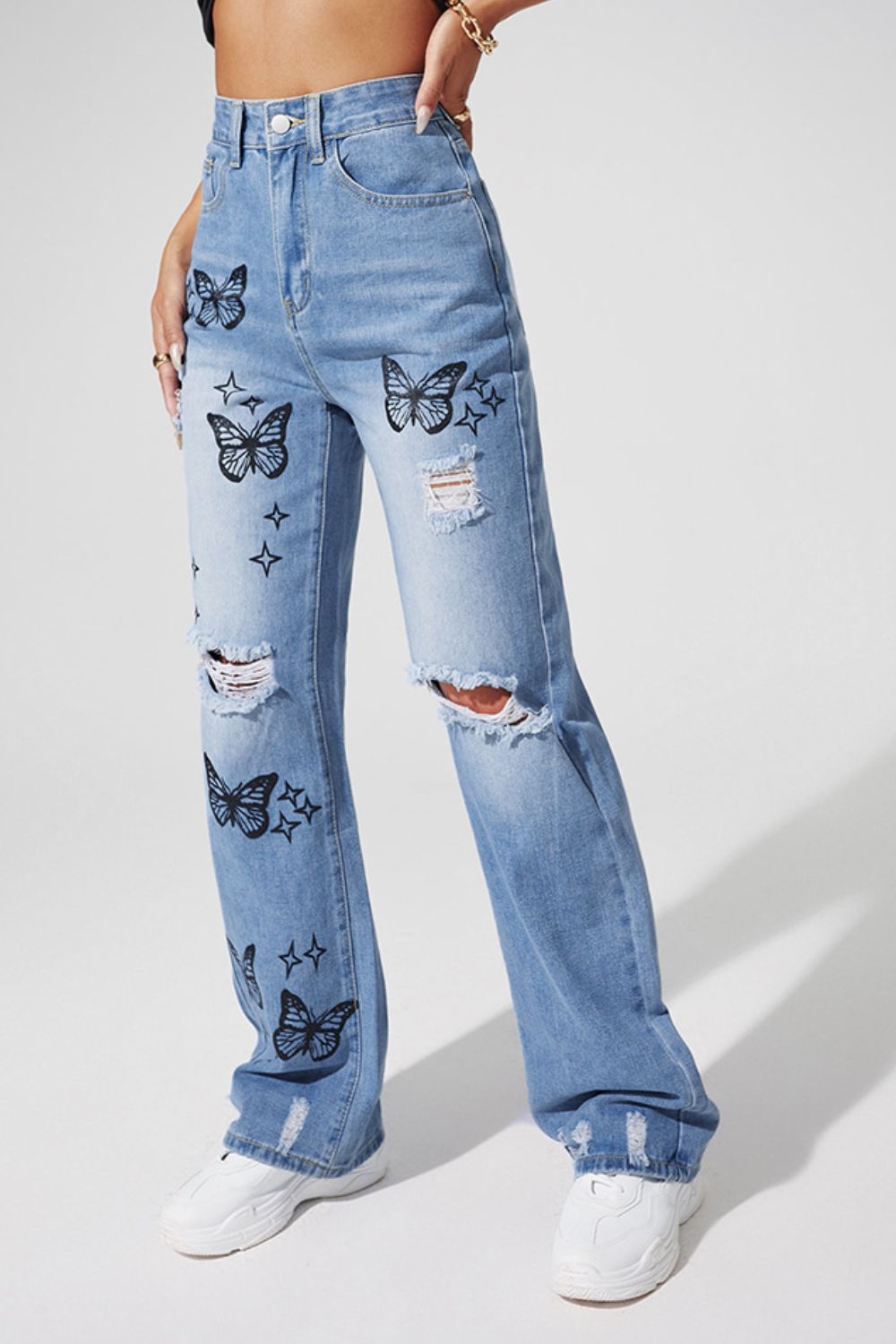 Butterfly Distressed Straight Leg Jeans