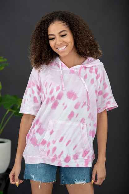 Sew In Love Watching Clouds Full Size Run Tie-Dye Short-Sleeved Hoodie in Neon Pink