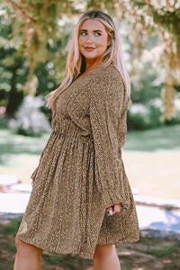 Plus Size Animal Print Long Flounce Sleeve Dress