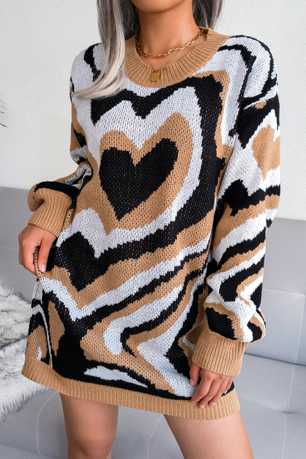 Heart Print Long Sleeve Mini Sweater Dress (Belt Not Included)