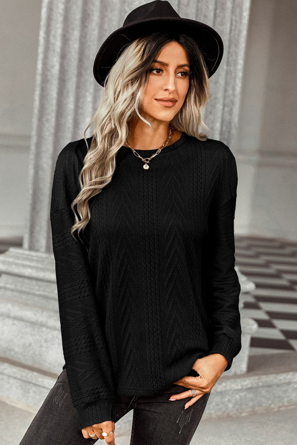 Dropped Shoulder Round Neck Knit Sweater