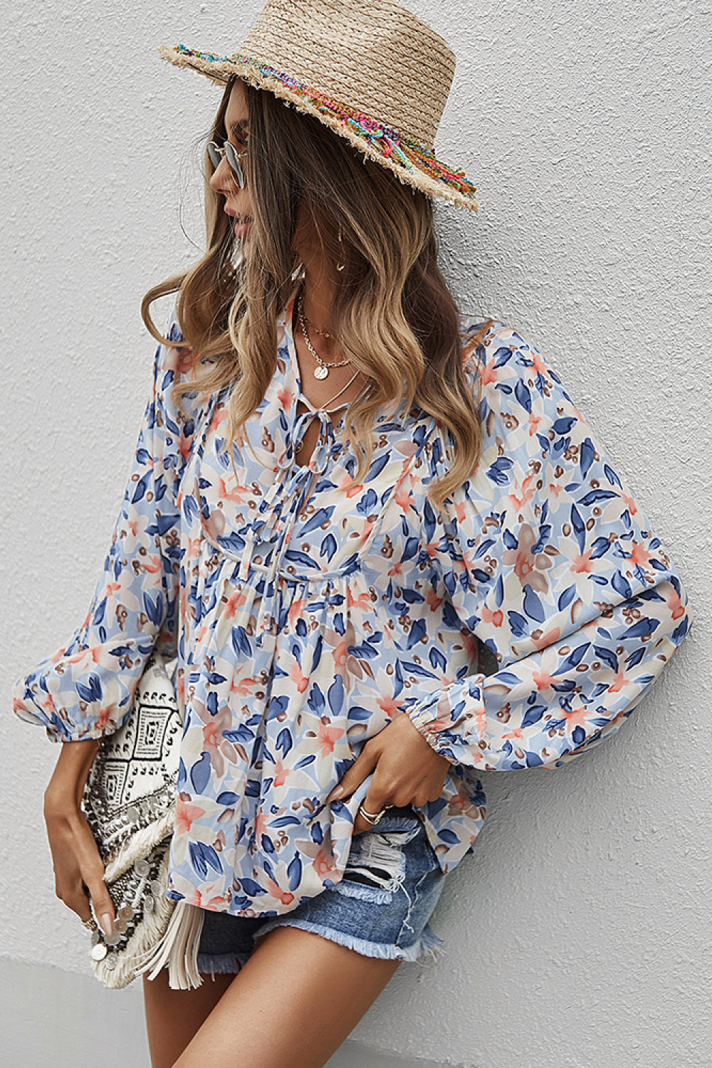 Floral Tie Neck Babydoll Blouse