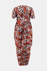 Plus Size Leopard Print Pleated Detail Midi Dress