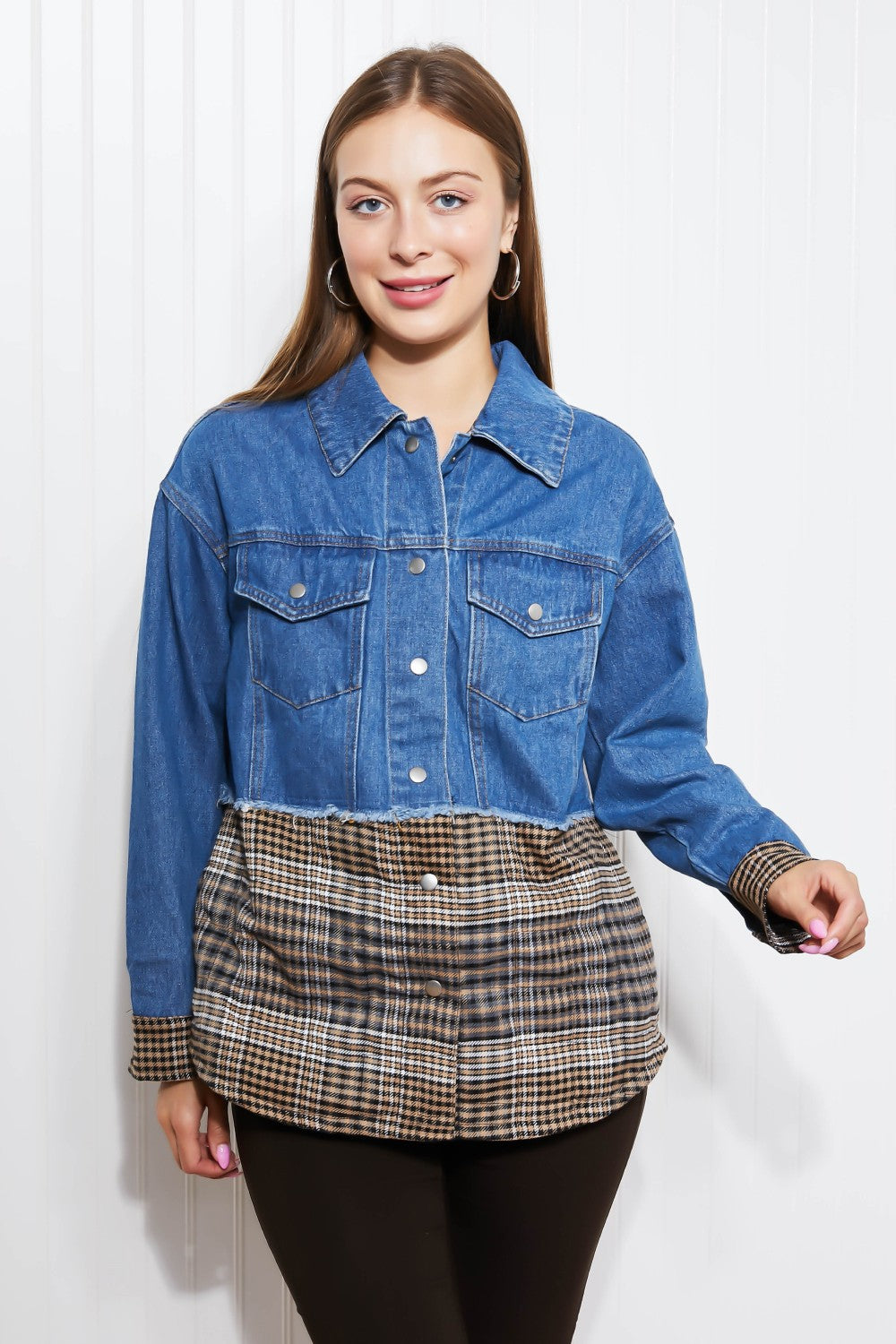 CY Fashion Porch Views Full Size Plaid Spliced Denim Jacket