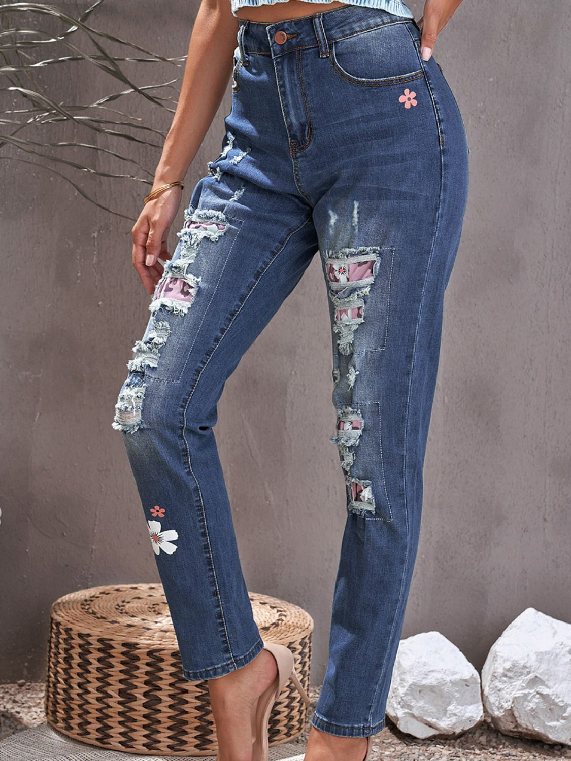 Floral Leopard Print Patchwork Distressed High Waist Jeans