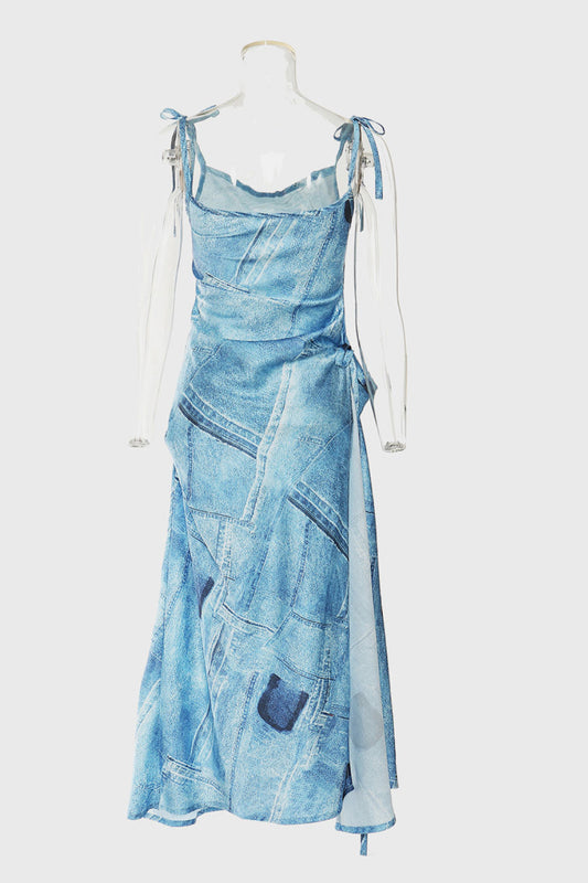 Tie-Shoulder Split Patchwork Denim Dress