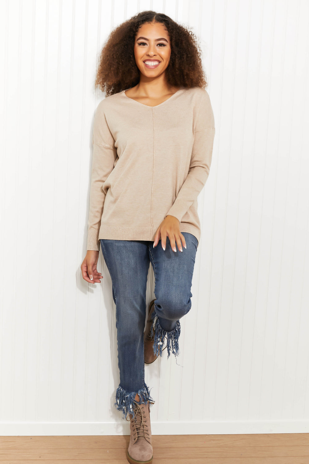 Zenana Hello Fall Full Size Center Seam Sweater in Beige