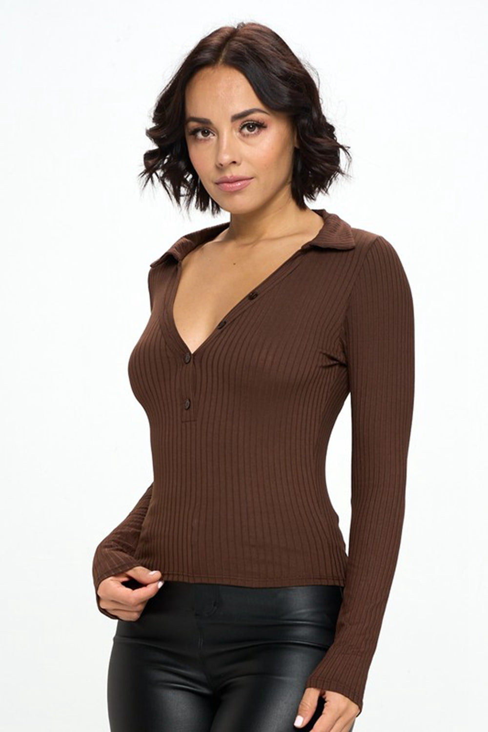 Chocolate USA Half Button Down Ribbed Collared Neck Knit Top