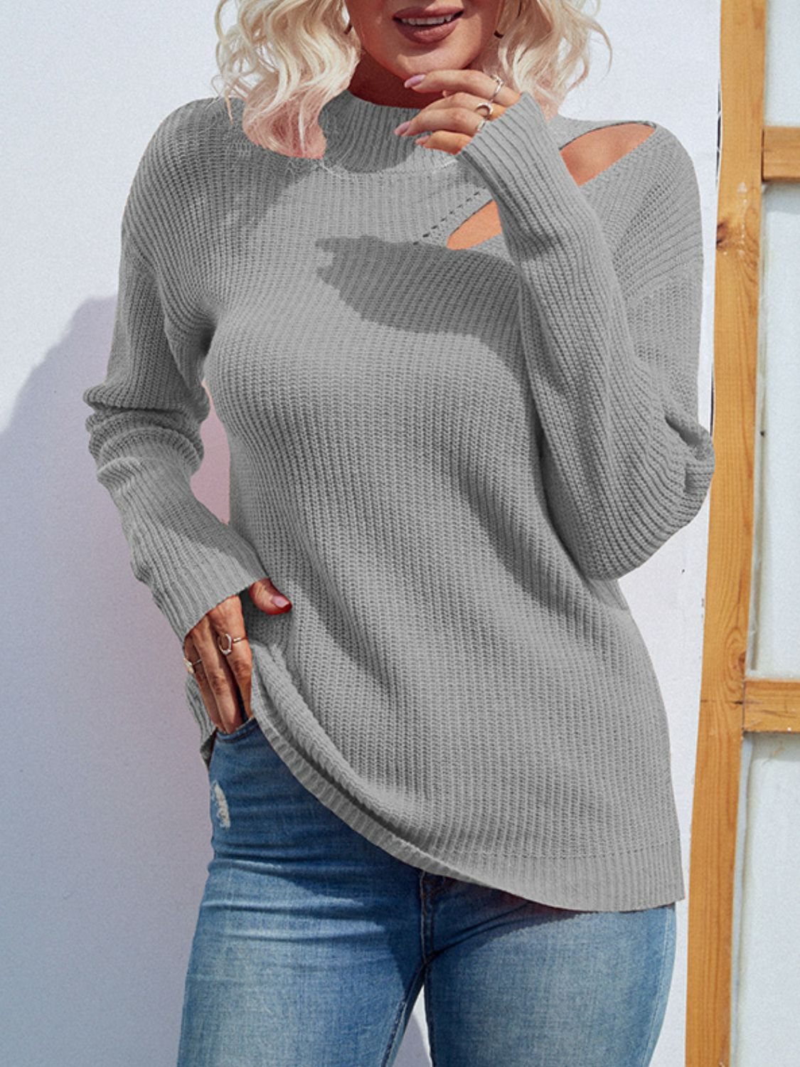 Cutout Ribbed Trim Tunic Sweater