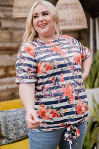 Plus Size Floral Striped Tied T-Shirt