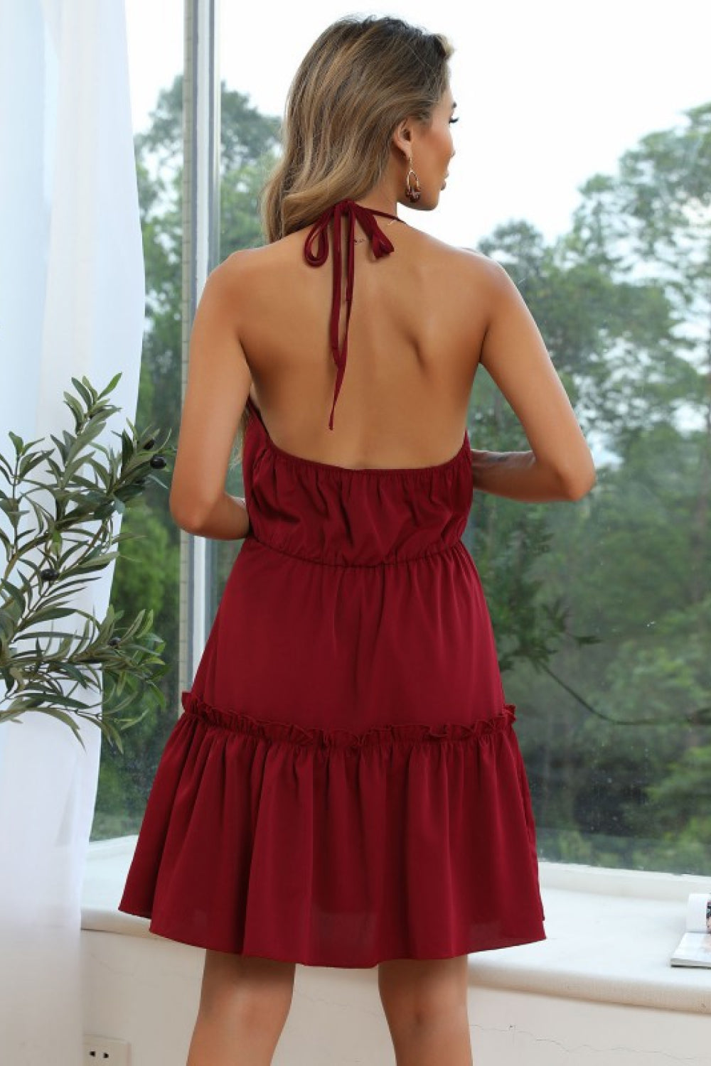 Frill Trim Tiered Backless Mini Dress