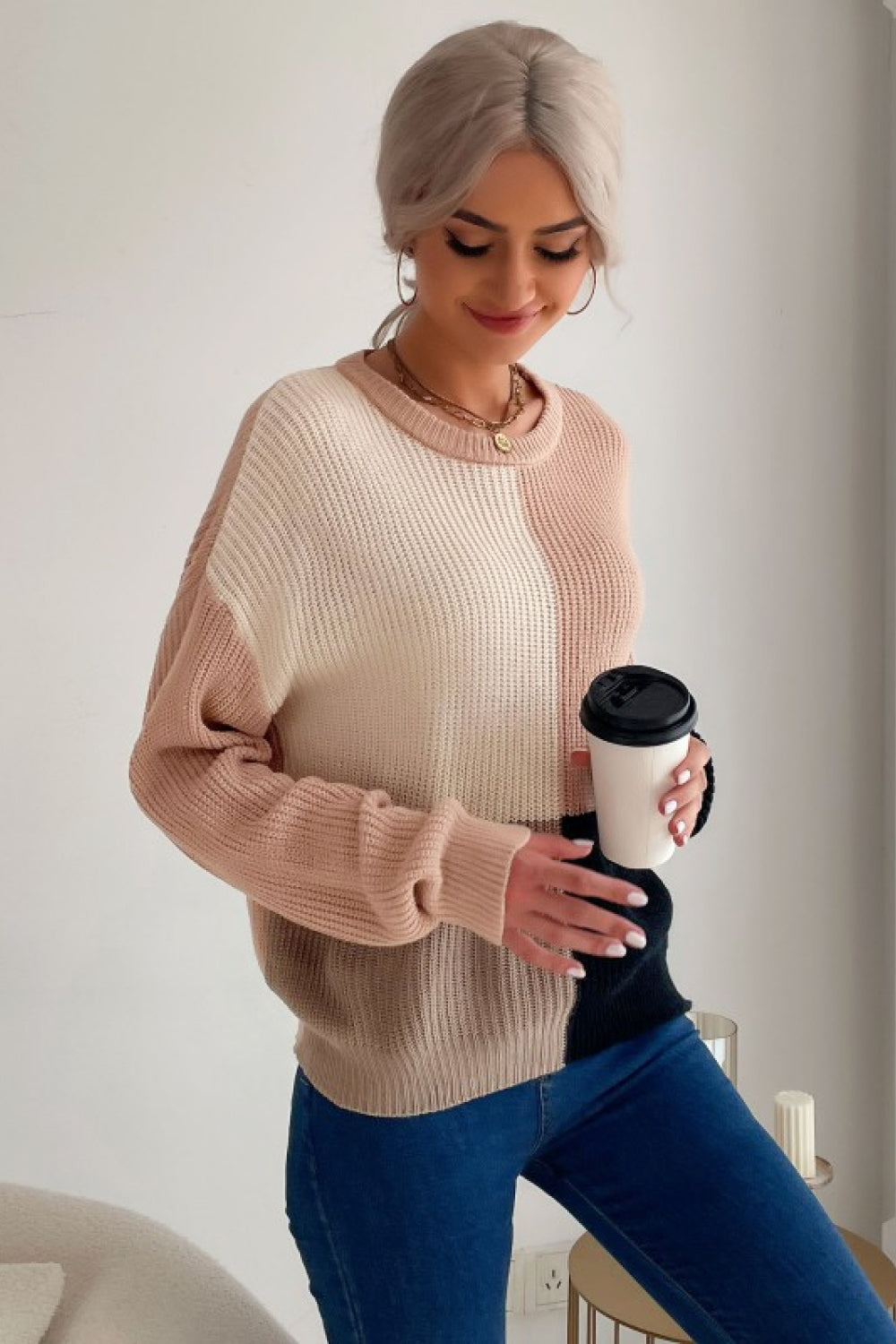 Color Block Drop Shoulder Knitted Pullover