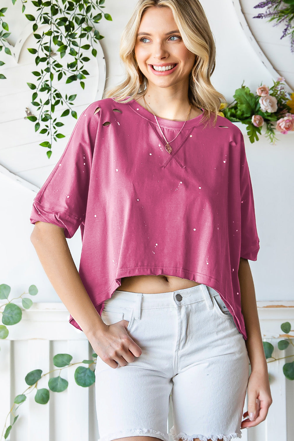 Distressed Asymmetric Hem Cropped Tee Shirt